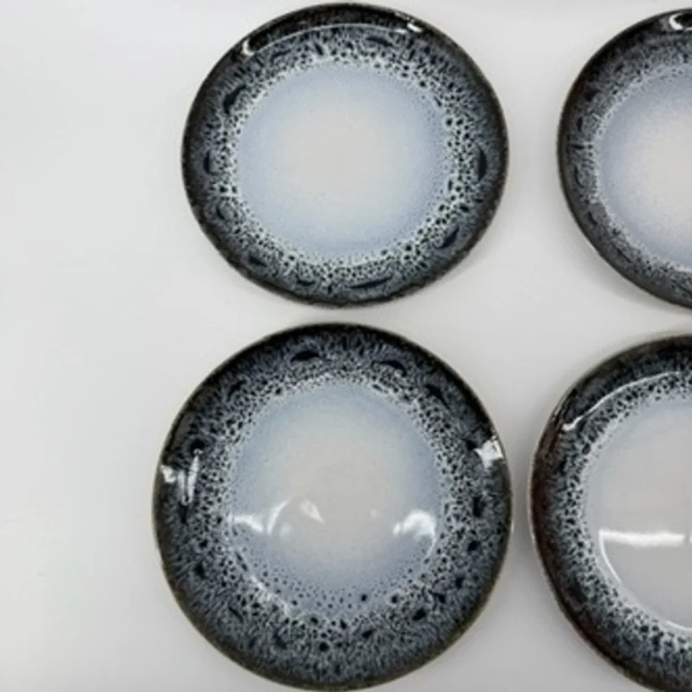West Elm Reactive Glaze Salad Plates Set of 4 Black‎ White Stoneware Portugal